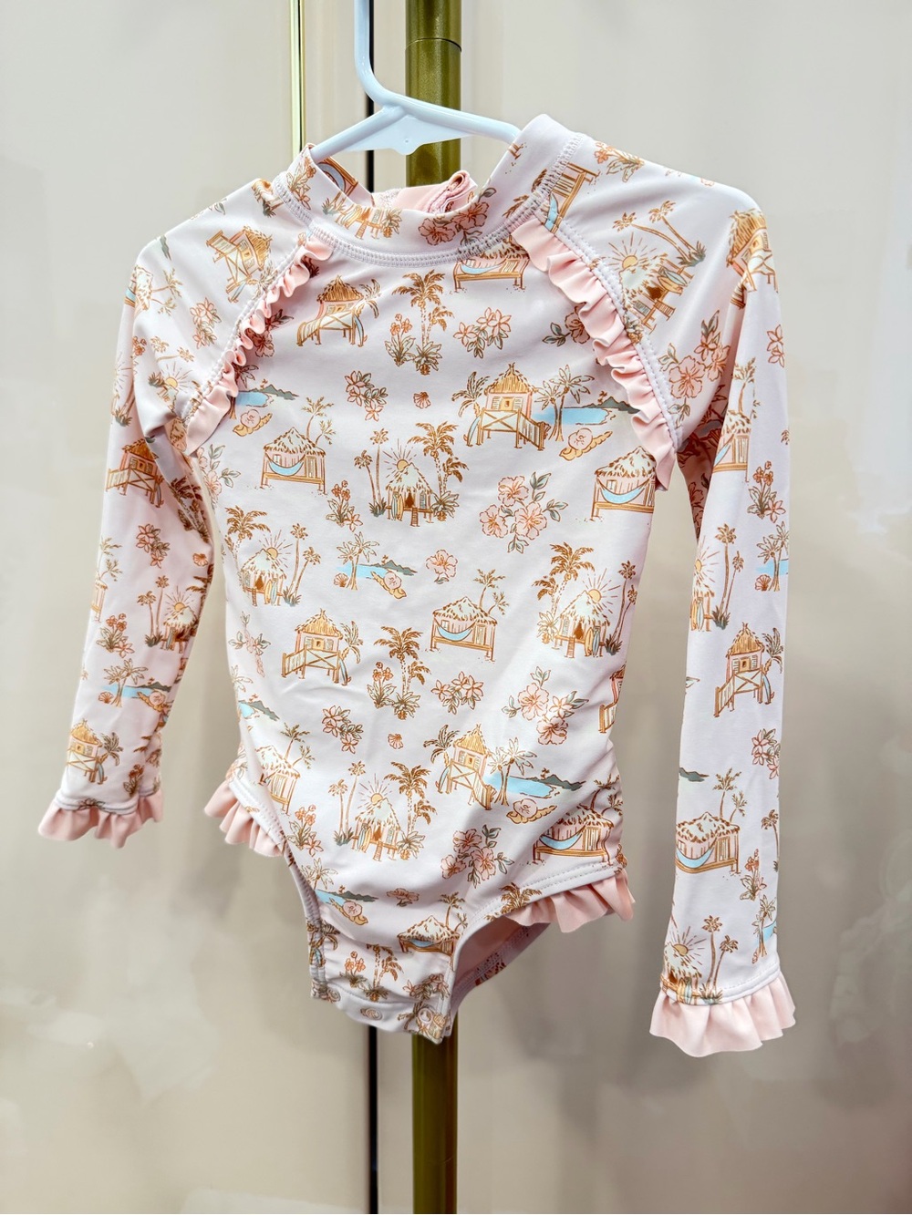 Cynthia Rowley Pale Pink Tropical Ruffle Long-Sleeve One-Piece